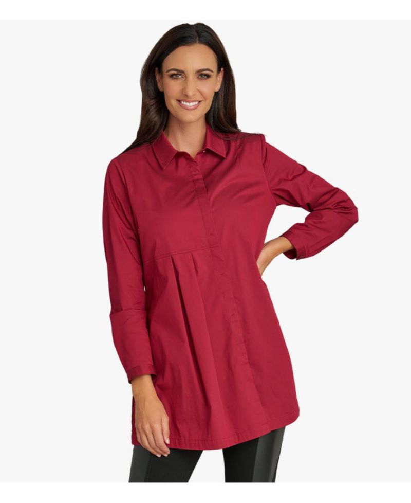 Women's Long Sleeves Cotton Poplin Asymmetrical Pleat Front Have It All Tunic