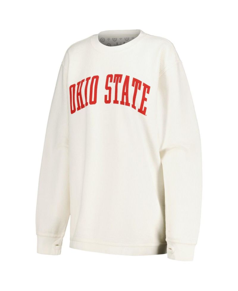 Women's White Distressed Ohio State Buckeyes Comfy Corded Vintage-Like Wash Basic Arch Pullover Sweatshirt