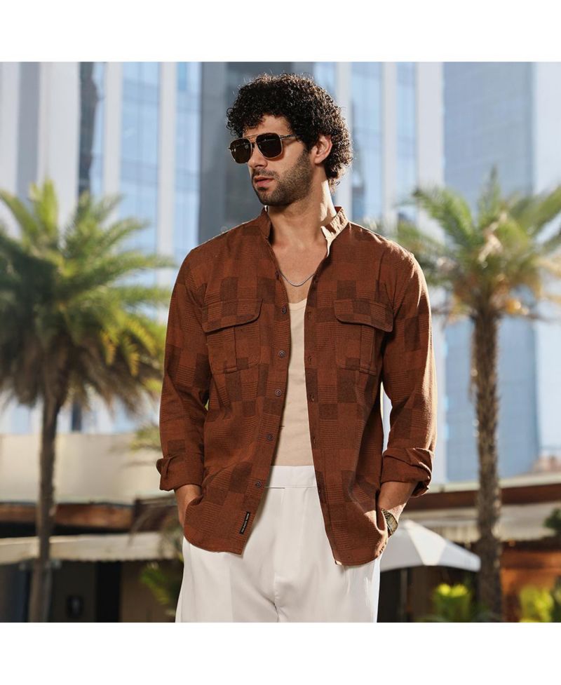 Men's Russet Brown Mandarin Utility Shirt