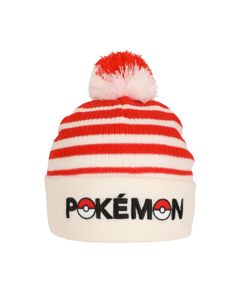 Men's Pokeball Plush Pom, Red And White Stripes Cuff Beanie