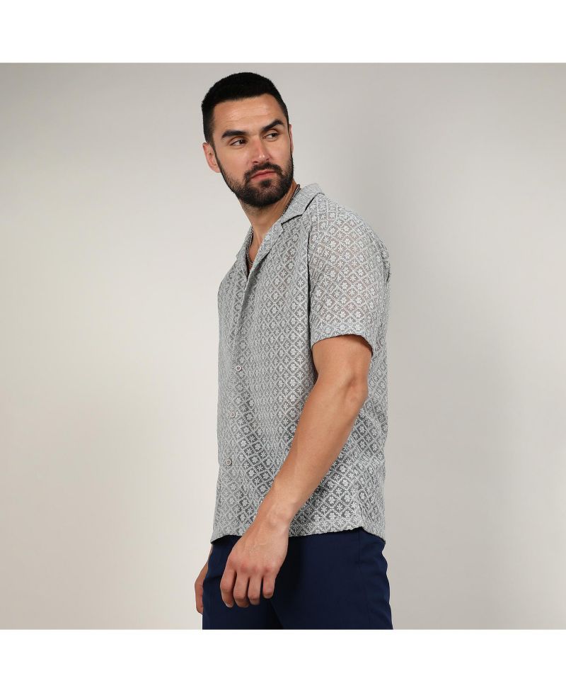 Men's Moon Grey Floral Embroidered Shirt