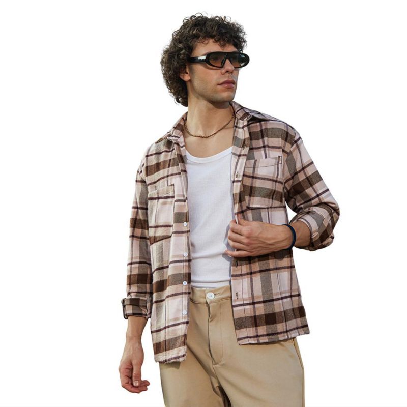 Men's Saltbox Beige & Pecan Brown Tartan Utility Shacket