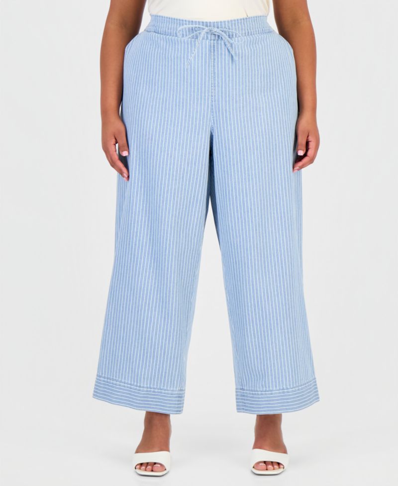 Plus Size Cotton Drawstring Pinstriped Pants