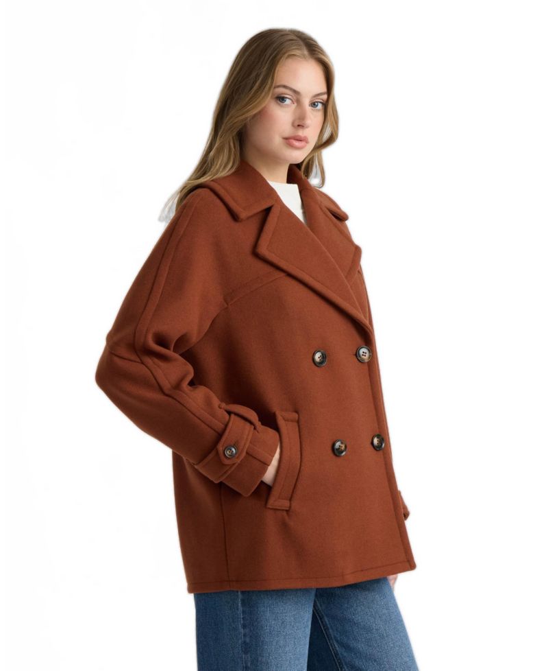 Women's Faux Wool Db Short Coat with Large Notch Collar and Cuff Tab