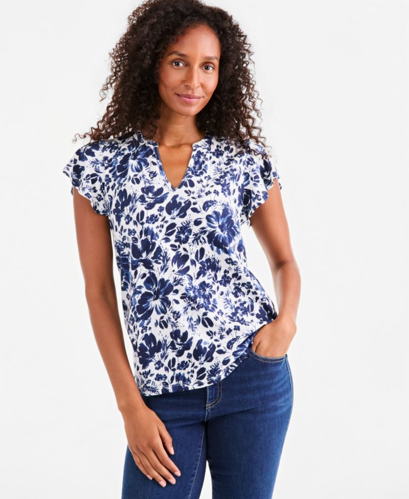 Petite Flutter-Sleeve Floral V-Neck Blouse
