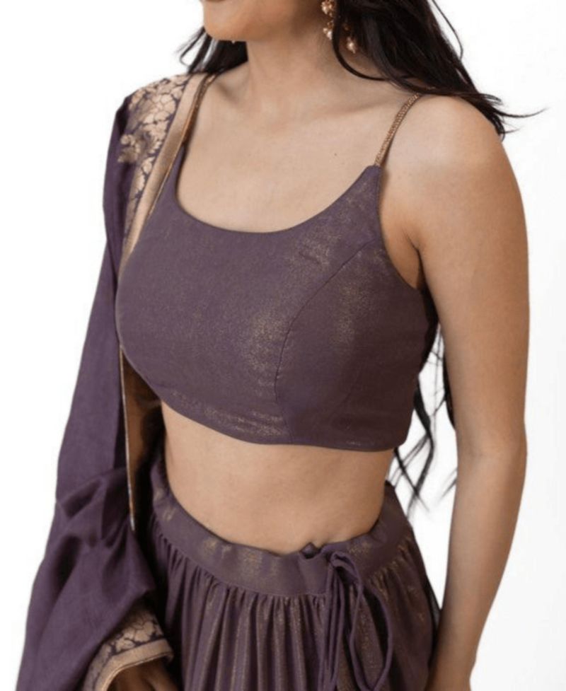 Women's Brownish Purple Shimmer Tiered Lehenga Choli with Golden Accents