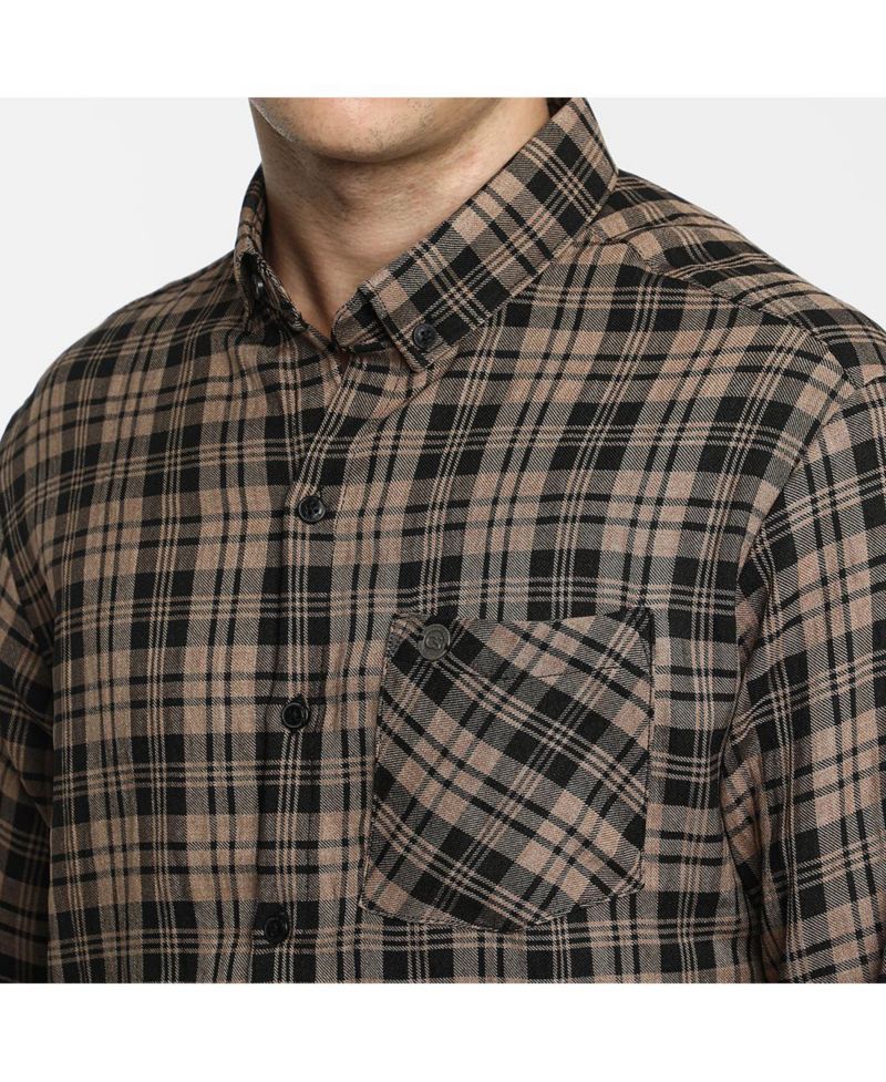 Men's Tan Brown & Charcoal Black Tartan Plaid Shirt