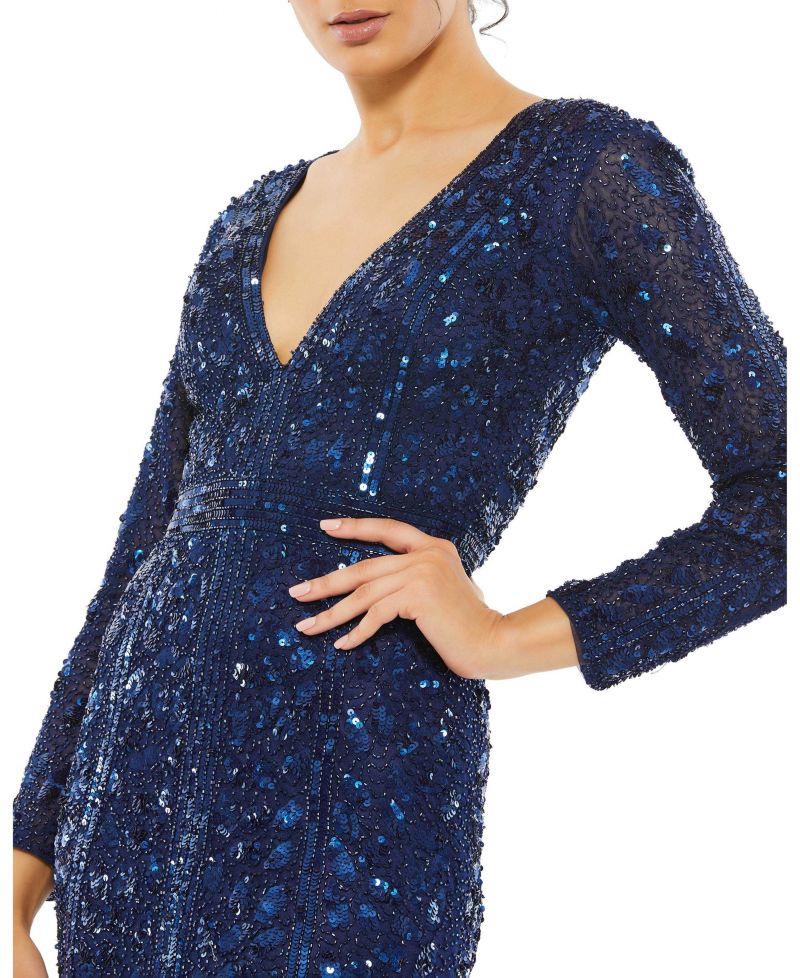 Women's Embellished Long Sleeve V Neck Gown