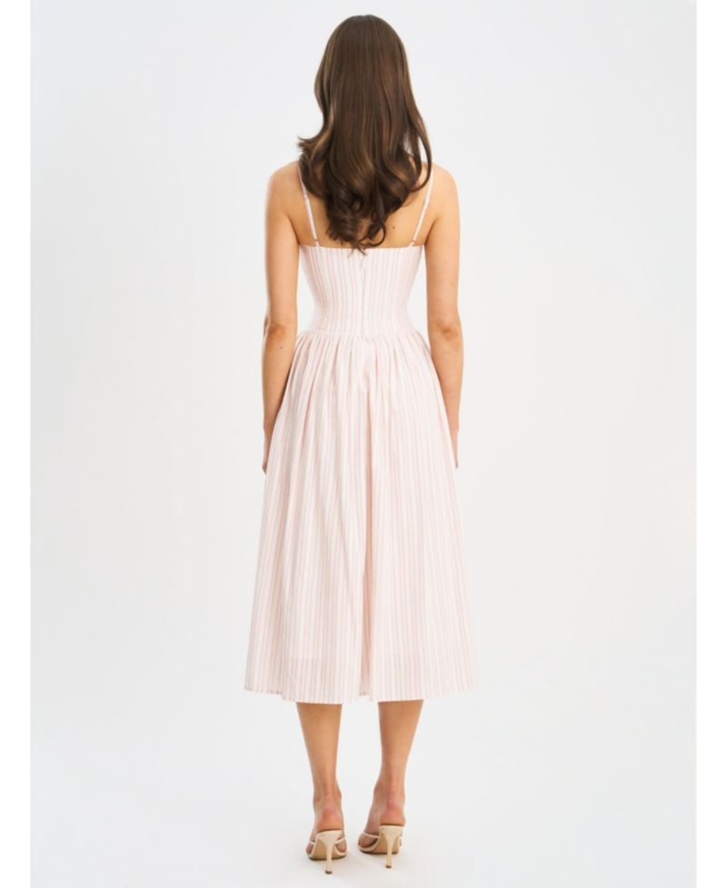 Women's Zania Pink Stripe Ruched Breast Cotton Jacquard Midi Dress