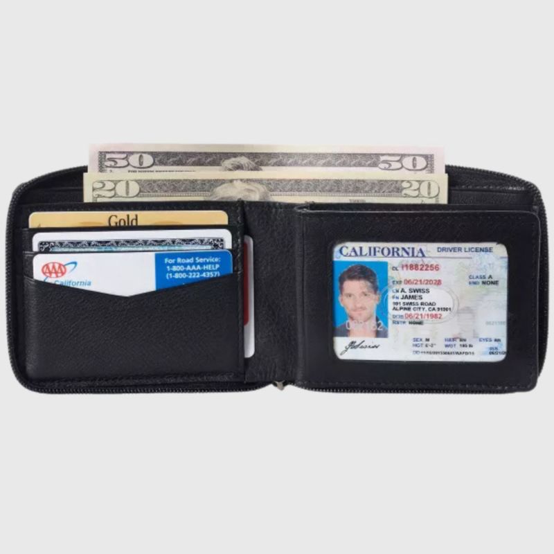 Men's Logan Zipper Bifold Wallet | All-Around Zip Closure | 13 Card Slots 2 Bill Sections | RFID Protected Premium Leather | Gift Box