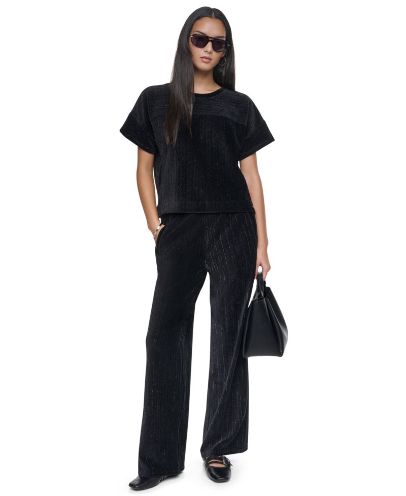 Women's Lurex Velvet Knit Scoop Neck Short-Dolman Sleeves T-Shirt