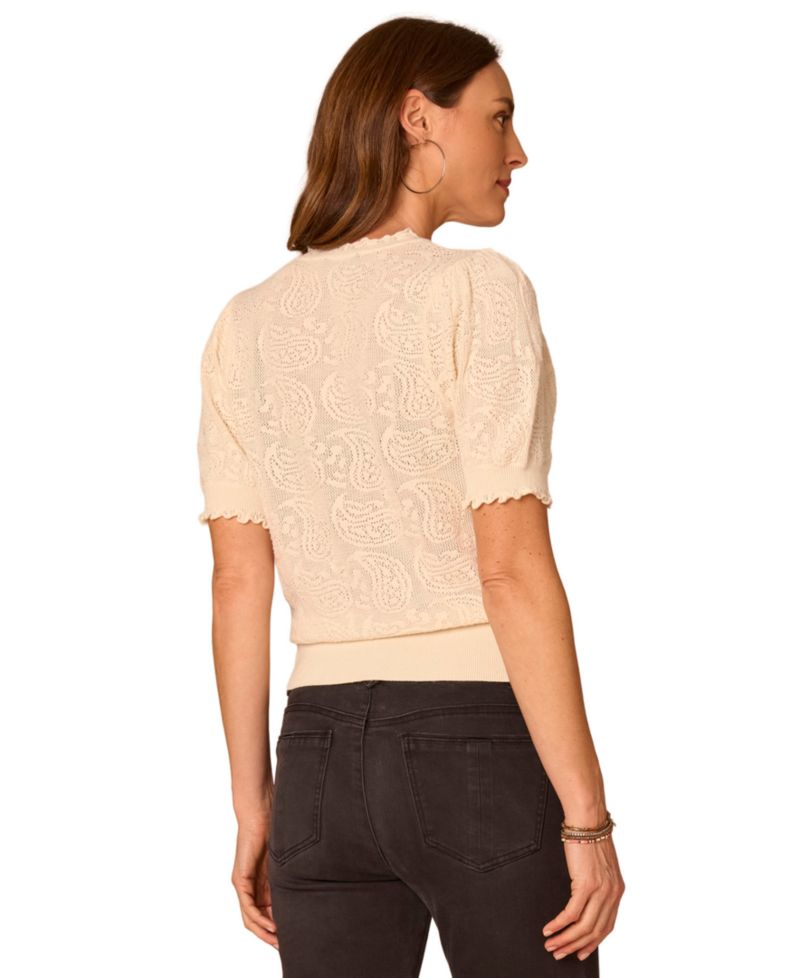 Petite Paisley-Jacquard Short-Sleeve V-Neck Sweater