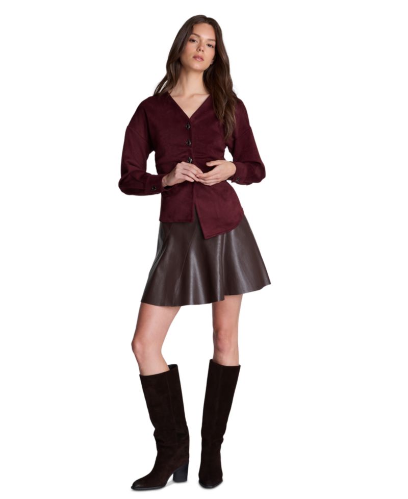Women's Asymmetric Hem Pleated Faux Suede Shirt