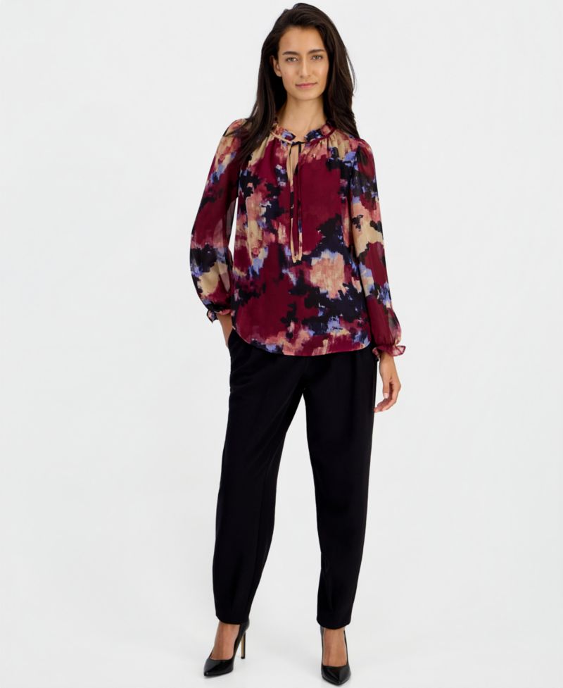 Women's Ruffle Tie Neck Long-Sleeve V-Neck Blouse