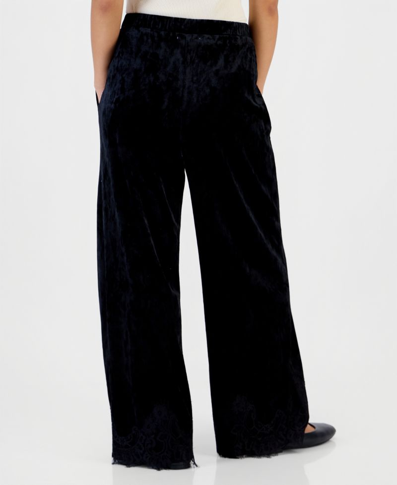 Petite Velvet Lace-Trim Wide-Leg High-Rise Pants