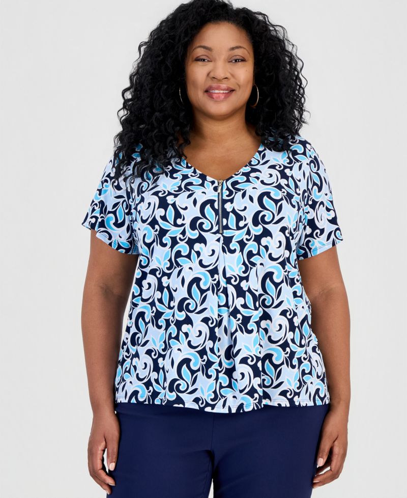 Petite Scroll Zipper V-Neck Top