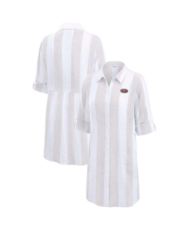 Women's Khaki/White San Francisco 49ers Rugby Beach Stripe Button-Up Tunic Top