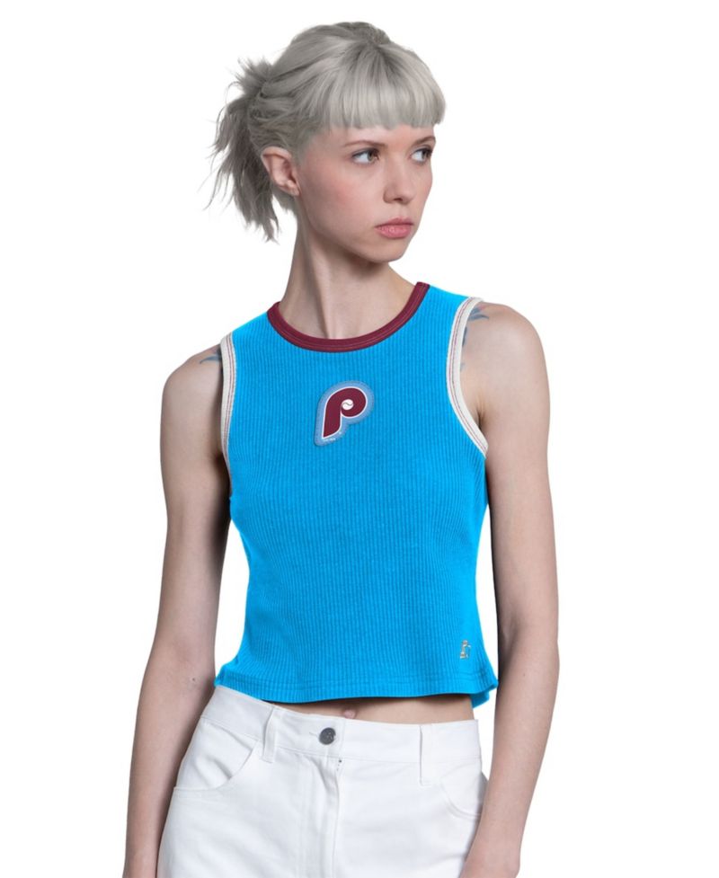 Women's Light Blue Philadelphia Phillies Cooperstown Play the Ball Crop Tank Top