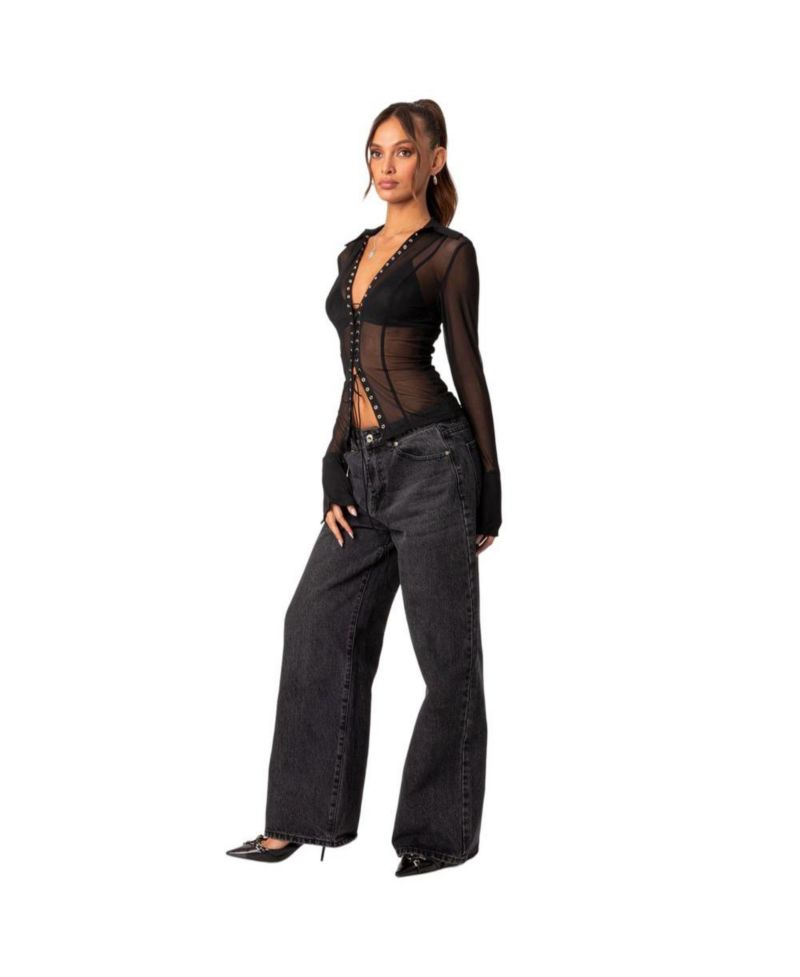 Women's Lace up sheer mesh top