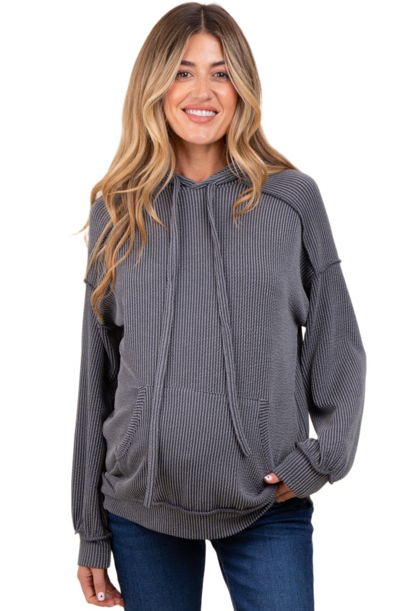 Women's Charcoal Ribbed Front Pocket Drawstring Hoodie