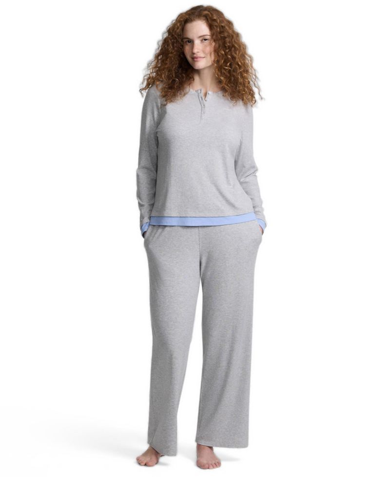 Women's Henley-Style Long-Sleeve Top and Wide-Leg Pants, 2-Piece Set