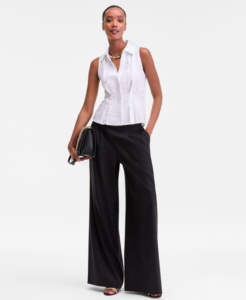 Women's Sleeveless Collared Linen Button-Down Shirt