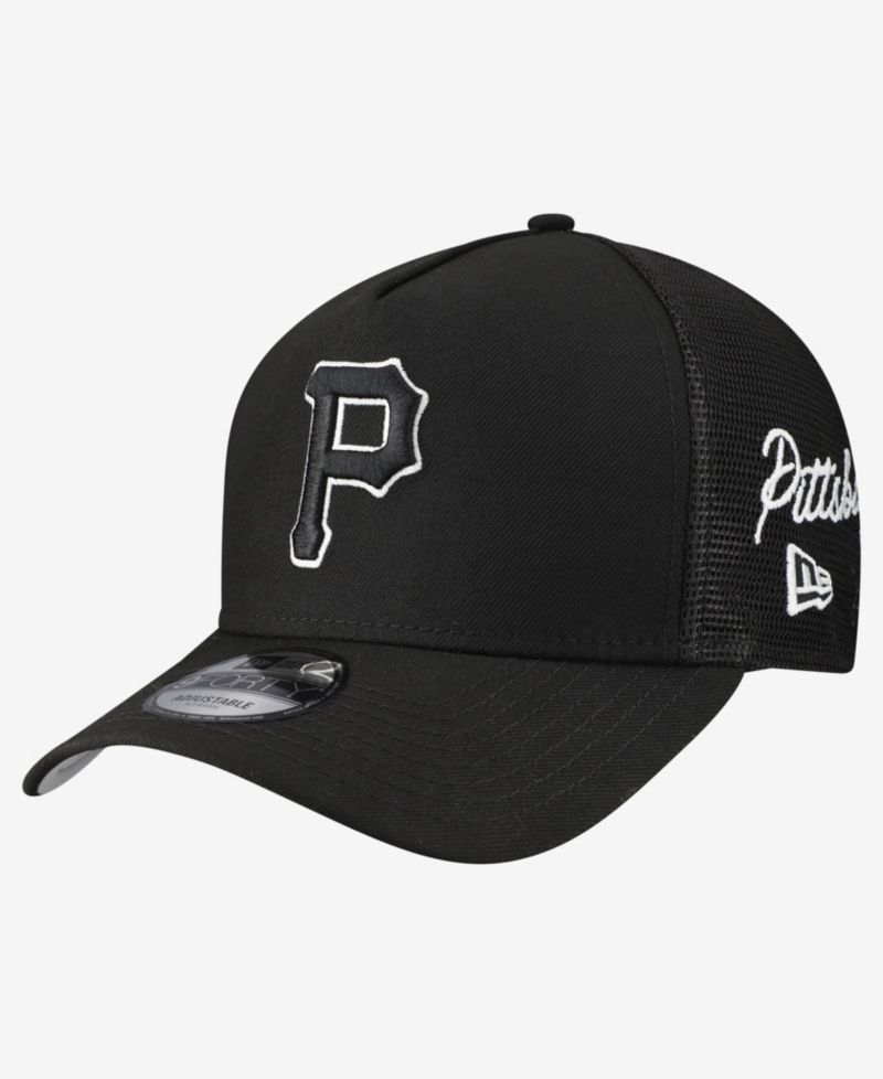 Men's Black Pittsburgh Pirates Side Script 9FORTY A-Frame Trucker Adjustable Hat