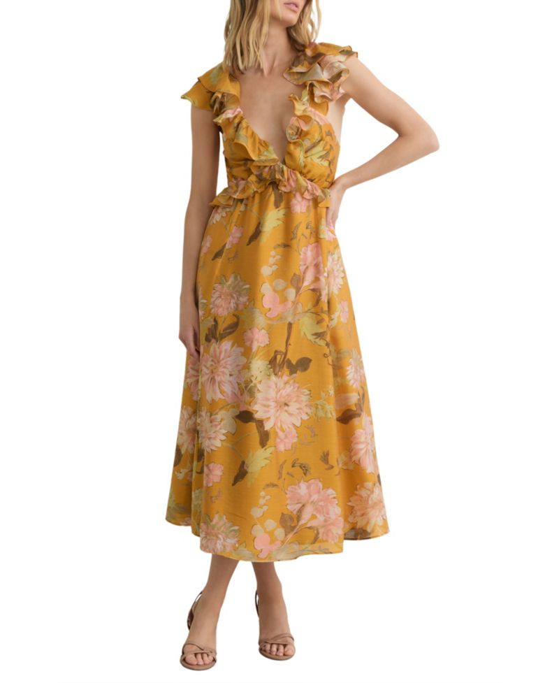 Women's Floral-Print Frill-Trim Midi Dress