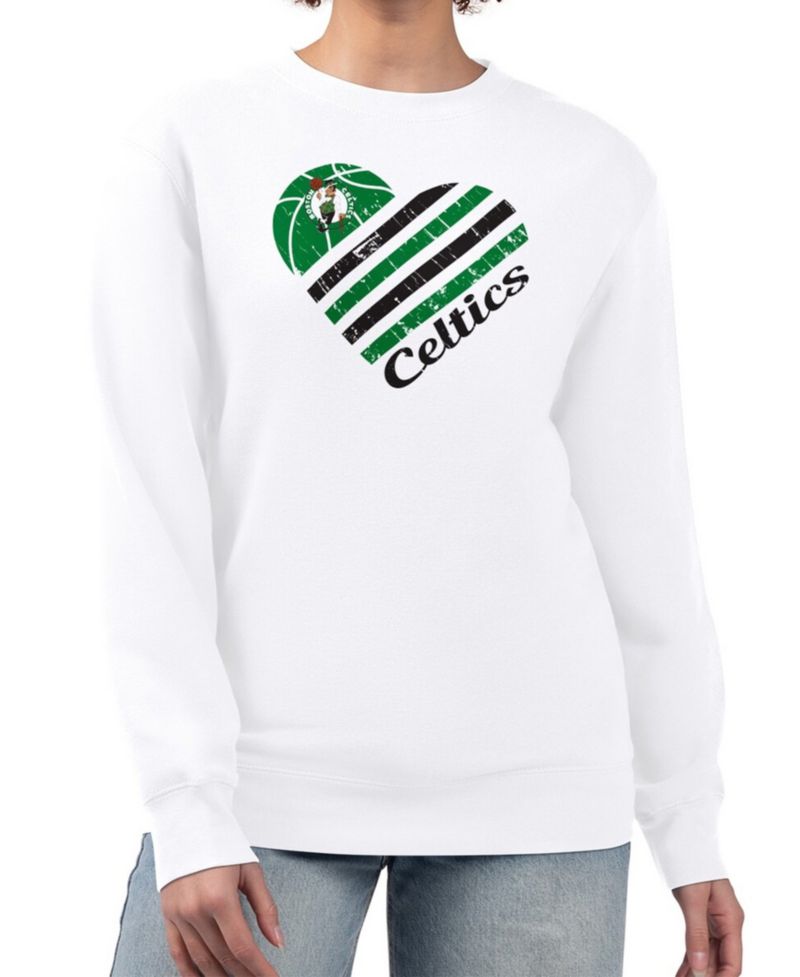 Women's White Boston Celtics Heart Graphic Fleece Pullover Sweatshirt
