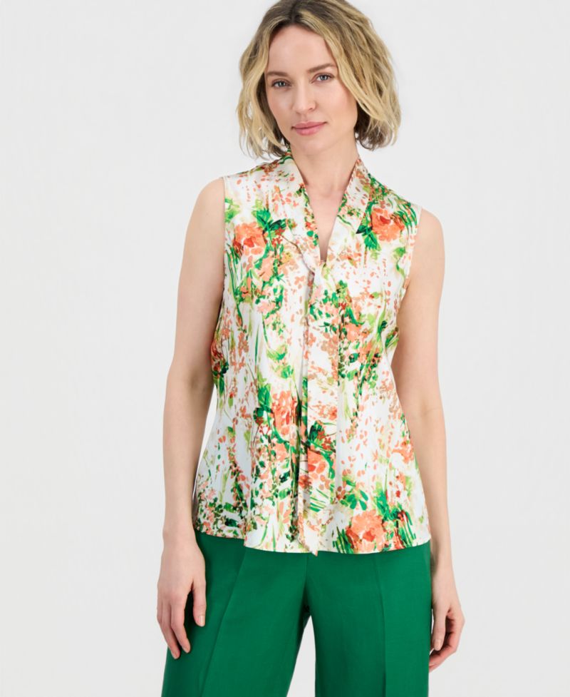 Women's Floral-Print Sleeveless Tie-Neck Top