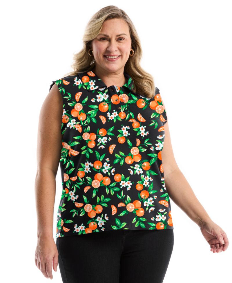 Plus Size Orange Print Ruffle Trim Sleeveless Polo Shirt