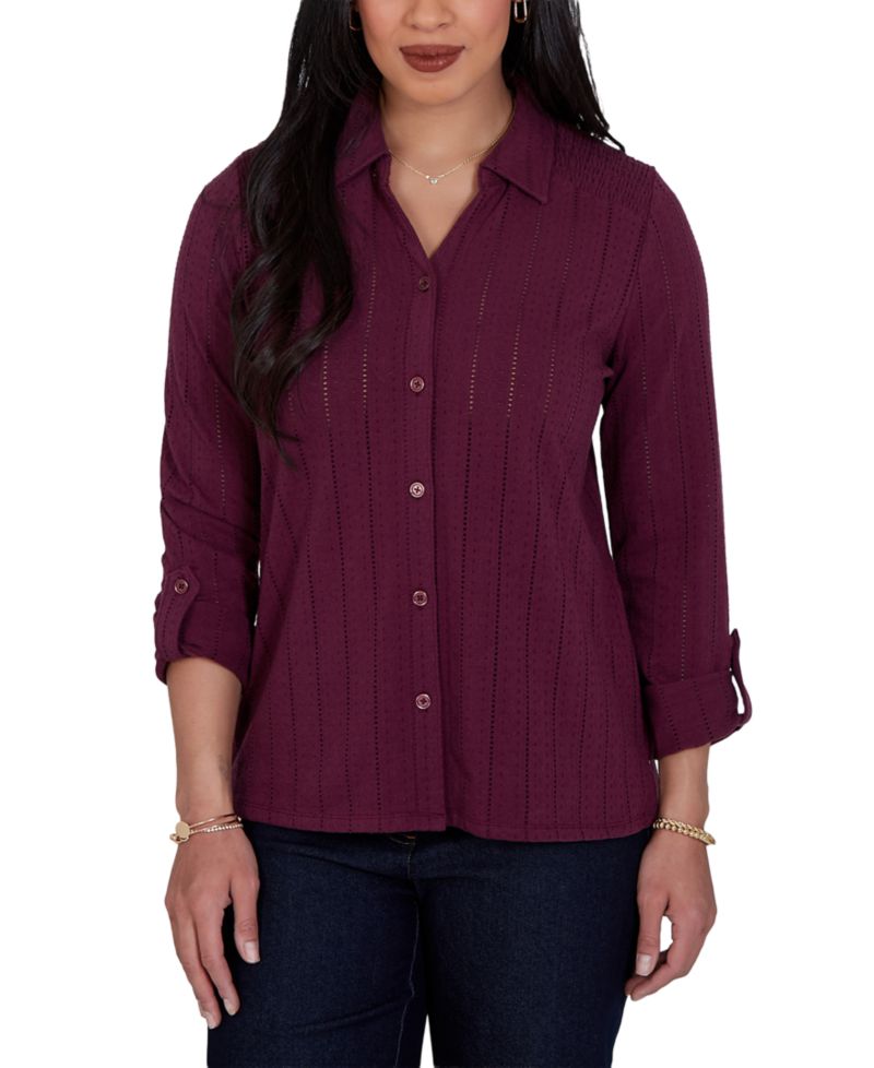 Petite Striped 3/4-Sleeve Henley Collar Blouse