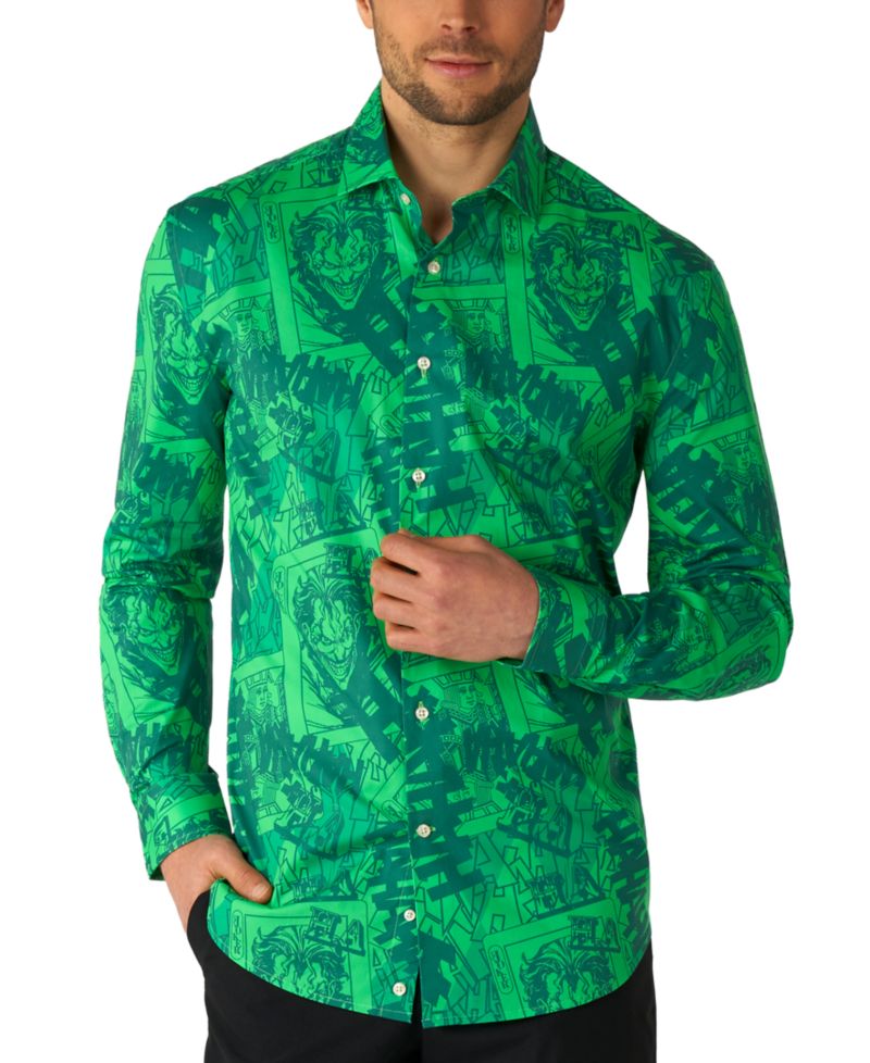 Men's Shirt - Official DC Comics Warner Bros - The Joker a Button Down Shirt - Slim Fit - Green - Long sleeve