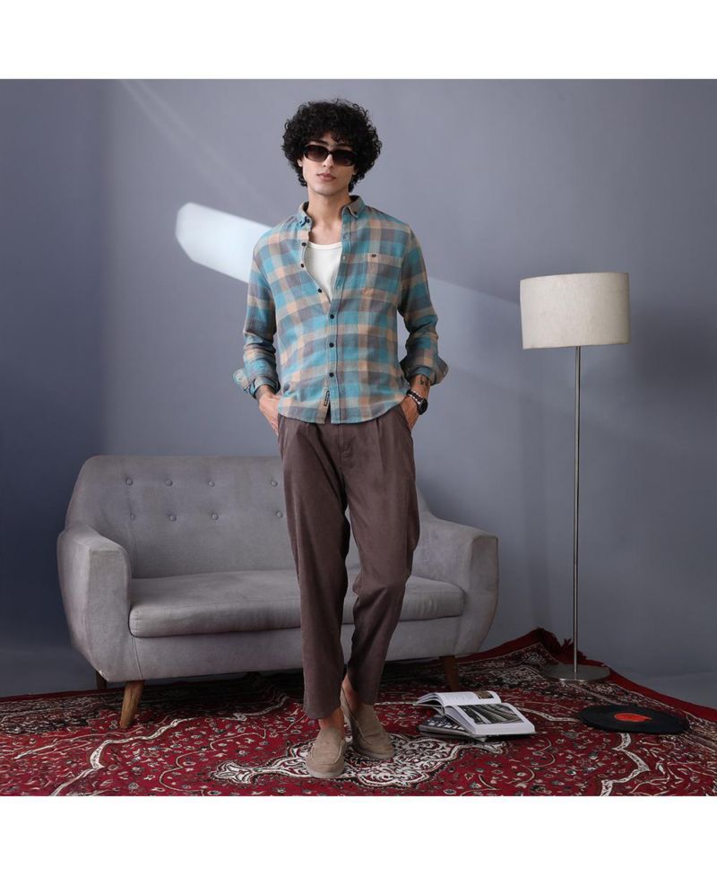Men's Sky Blue & Ecru Beige Block-Buffalo Regular Shirt