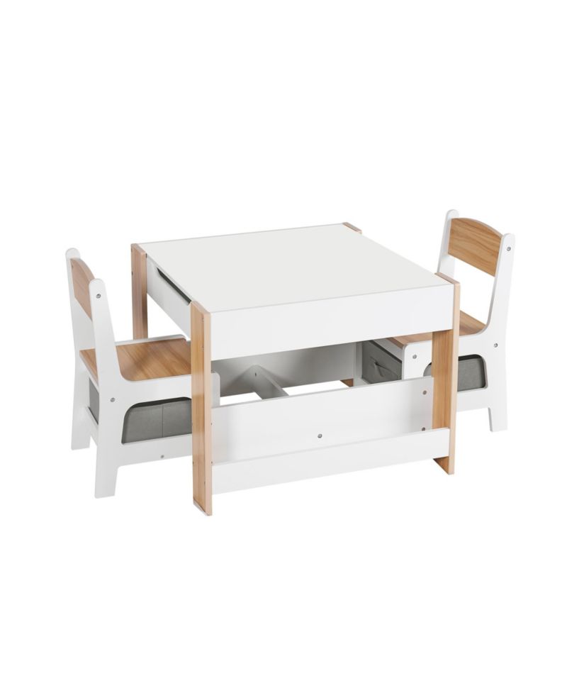 Kids Art Play Activity Table with Storage Shelf and Chair Set with Storage Baskets, White & Gray