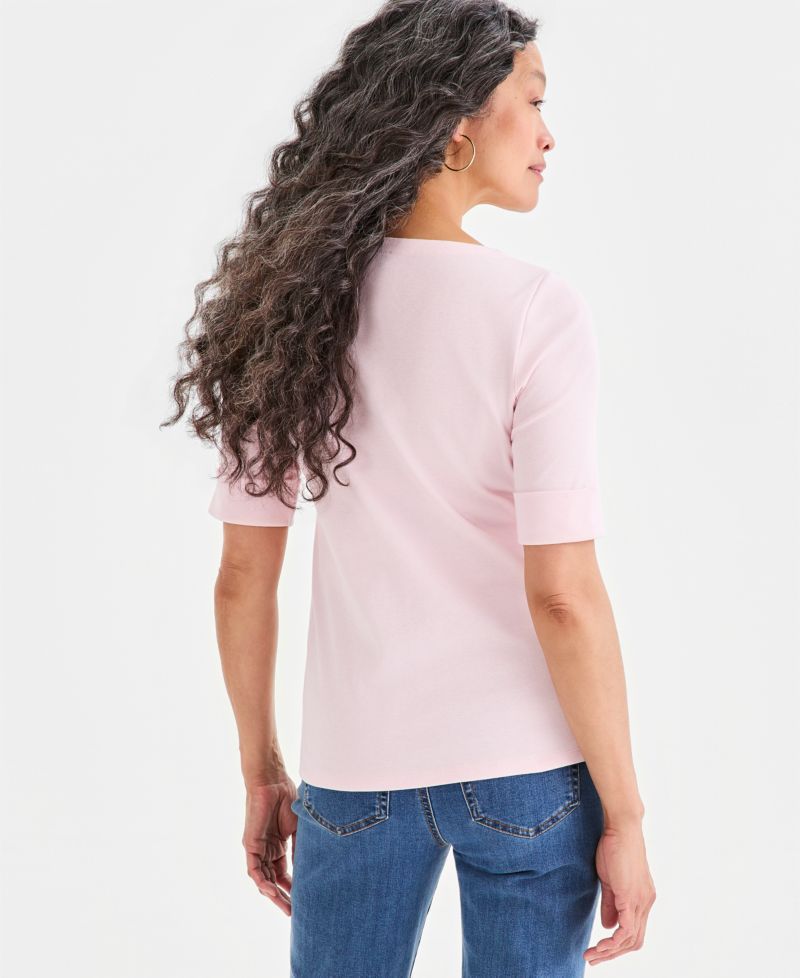 Petite Cotton Elbow-Sleeve Boat-Neck Top