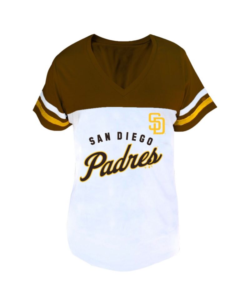 Women's Profile White/Brown San Diego Padres Plus Size Two-Stripe V-Neck T-Shirt