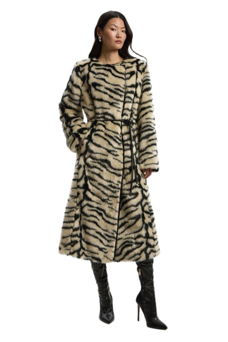 Women's Faux Fur Collarless Tie Belted Midi Coat