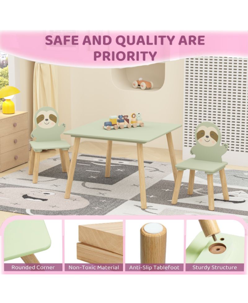Kids Table and Chair Set, with 2 Cute Sloth Chairs, Wood Activity Tables Drawing Play Table Set, for Age 2-6 Boy Girl