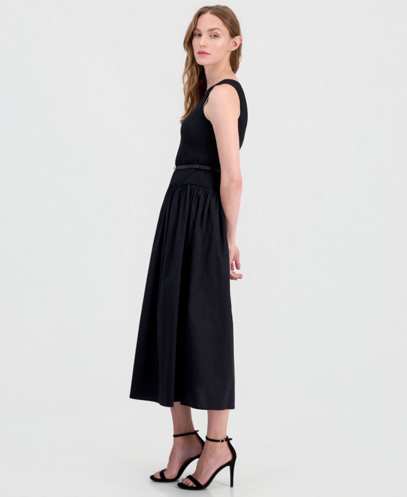 Petite Dropped-Waist Scoop-Neck Belted Dress