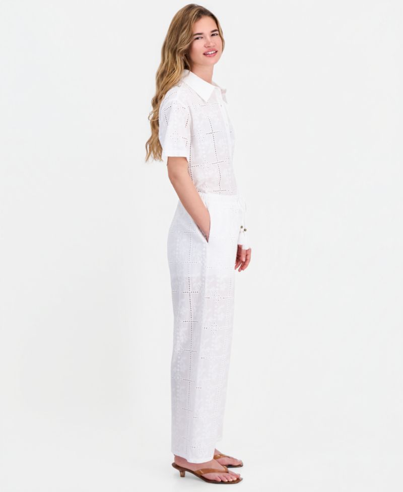 Petite Cotton Embroidered Eyelet Wide-Leg Pants
