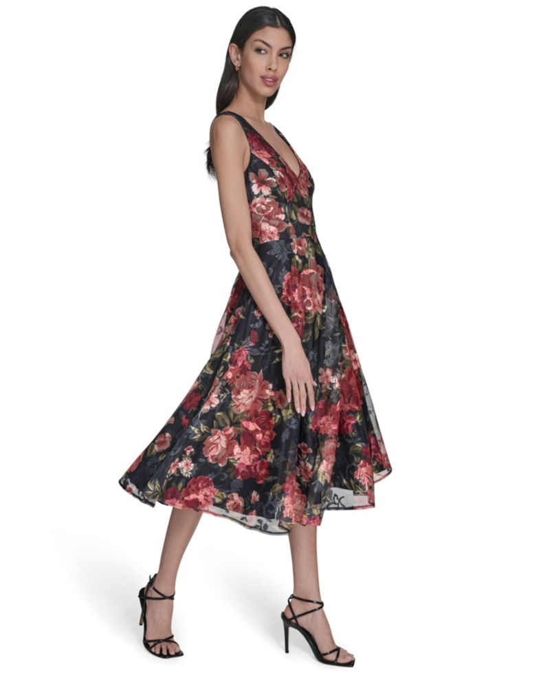Women's Floral V-Neck Fit & Flare Midi Dress