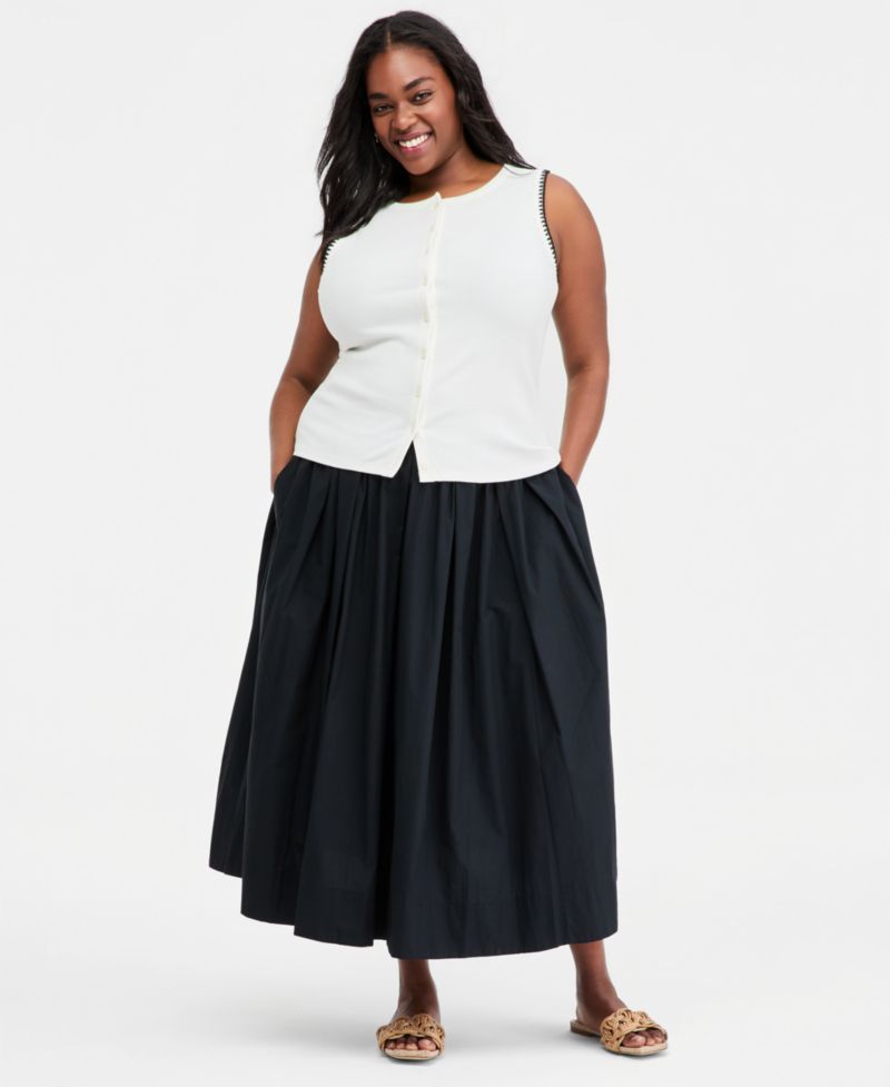 Women's Sleeveless Rib-Knit Whipstitch Button Front Top