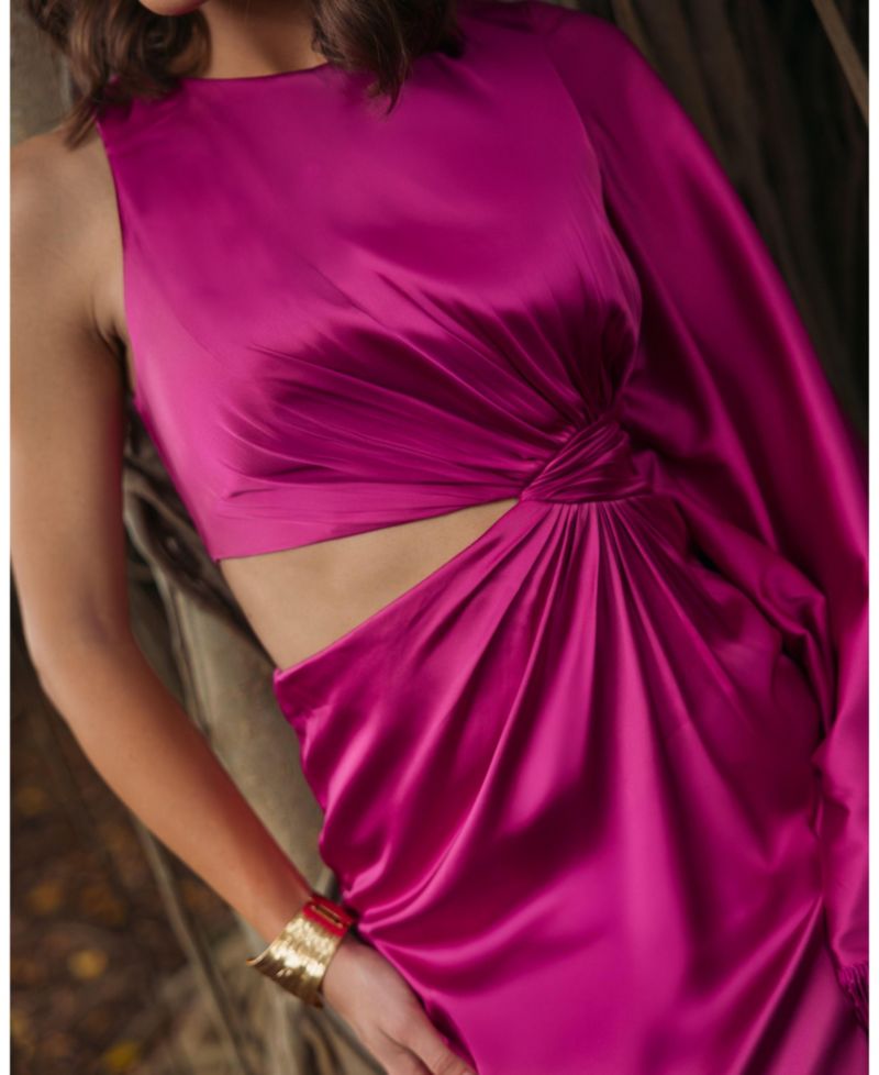 Women's Charmeuse Kaftan Sleeve Assymetrical Fringe Gown