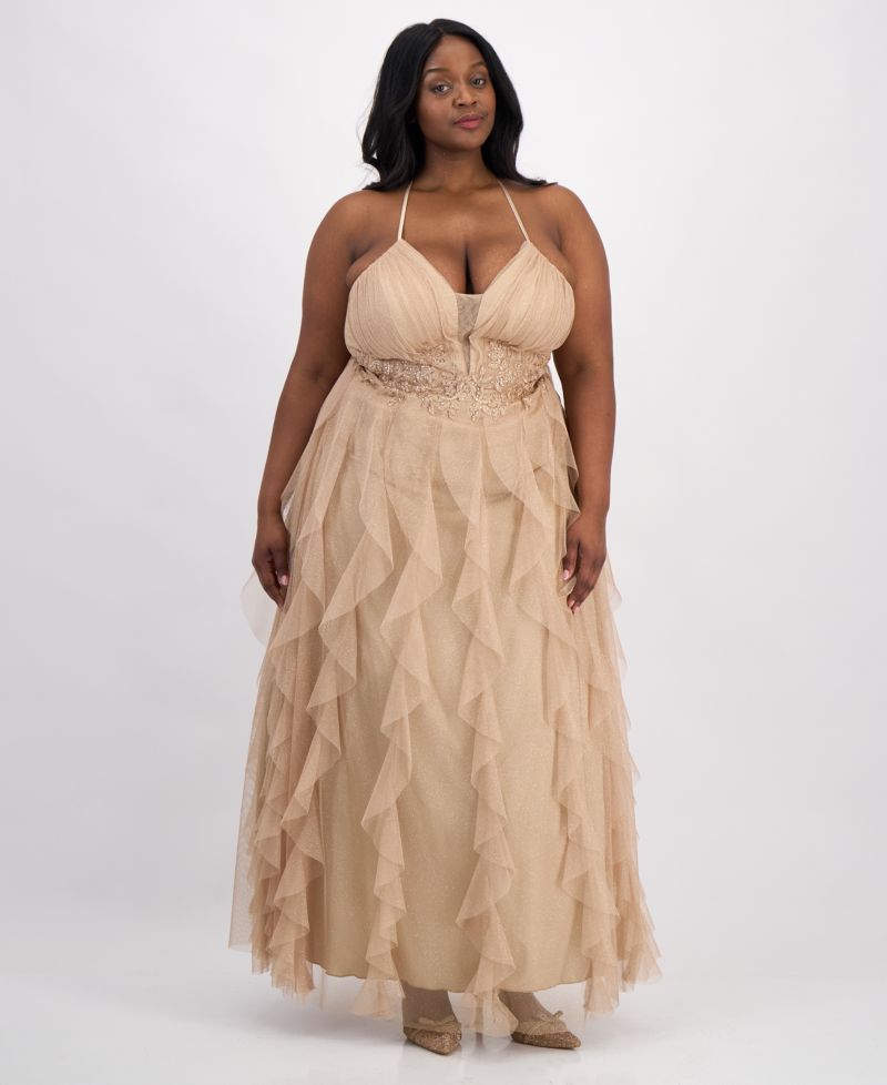 Trendy Plus Size Glitter-Mesh Lace-Up-Back Gown