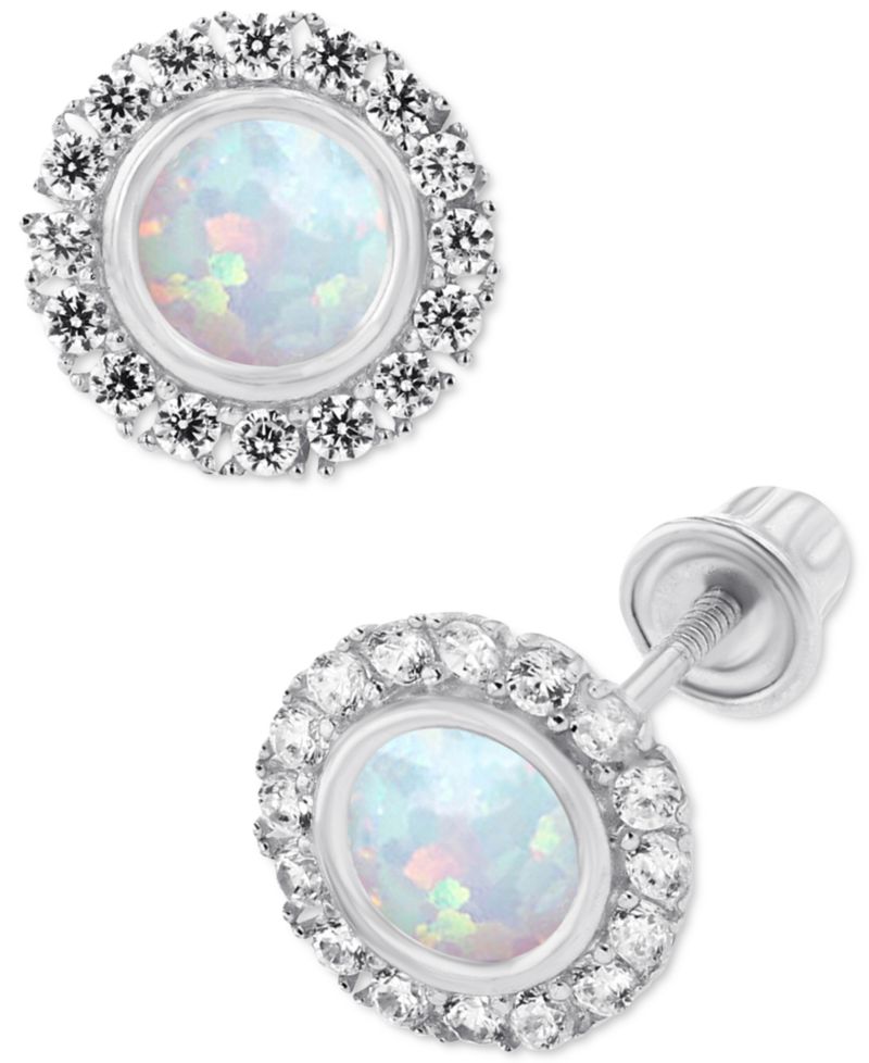 Lab-Grown Opal (1/5 ct. t.w.) & Lab-Grown White Sapphire (1/5 ct. t.w.) Halo Stud Earrings