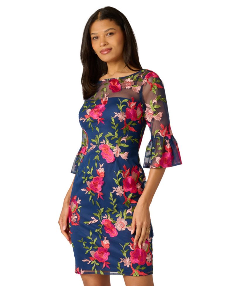 Petite Embroidered Boat-Neck Short Dress