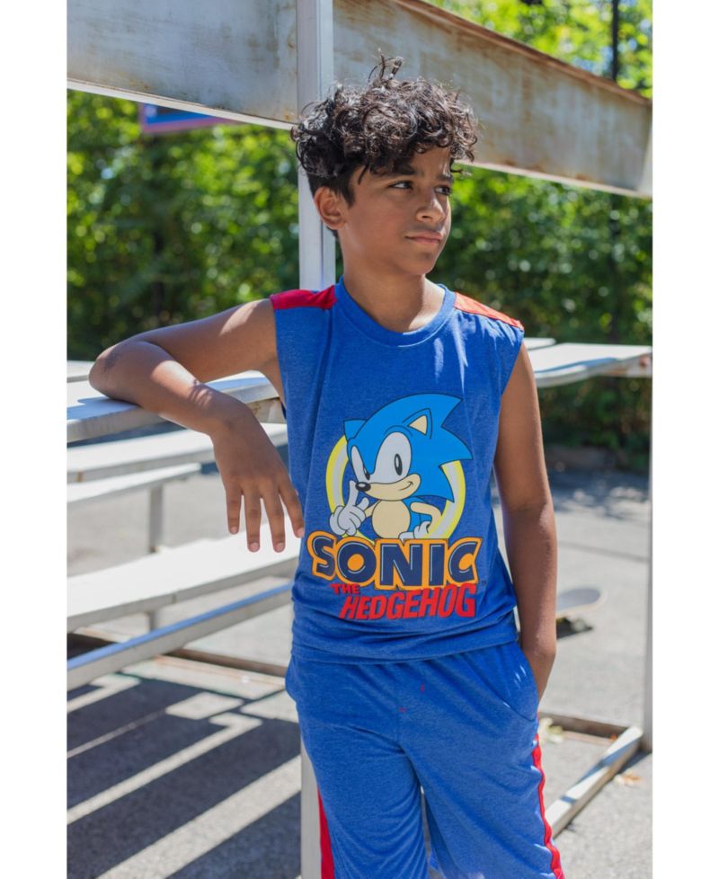 Toddler Boys Sonic the Hedgehog 3 Piece Outfit Set: T-Shirt Tank Top Shorts Blue