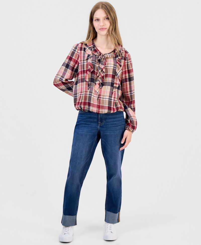 Women's Ruffled Long-Sleeve Plaid Blouse