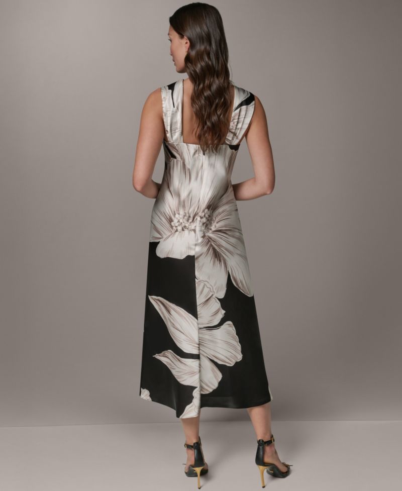 Women's Sleeveless Asymmetrical Neck Floral Midi Dress